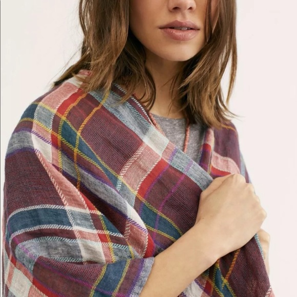 Free People Kimono Plaid Oversized wine green O/S - Picture 3 of 6